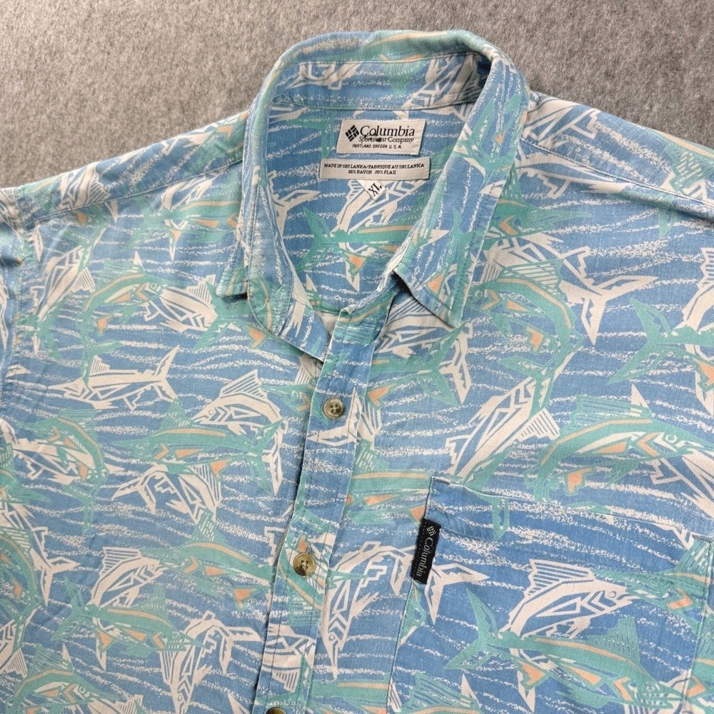 Vintage Columbia Shirt Mens XL Bluefin Print AOP Short Sleeve Button Down Resort